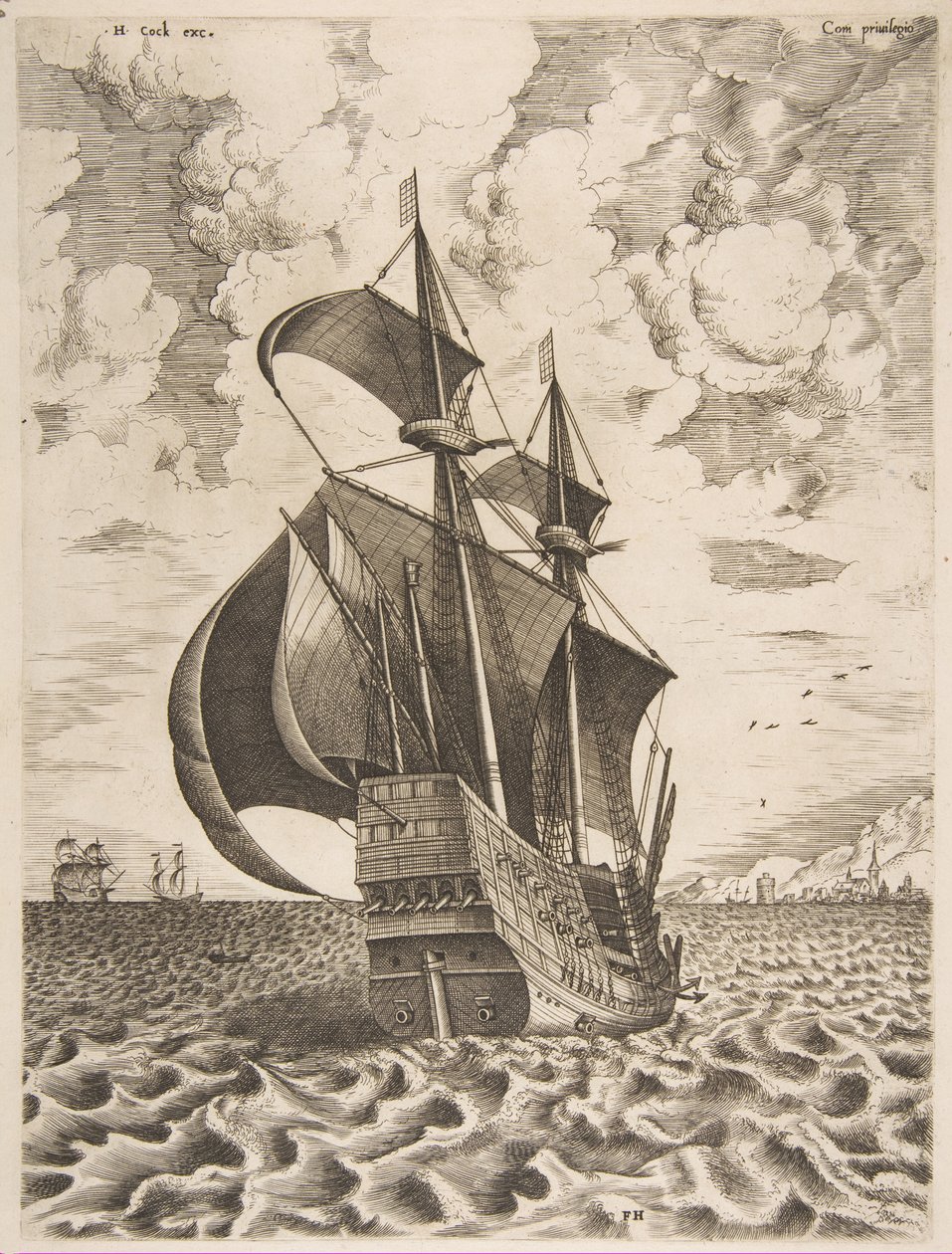 Bevæbnet firemester sejler mod en havn fra sejlfartøjerne, 1561-65. af Frans Huys