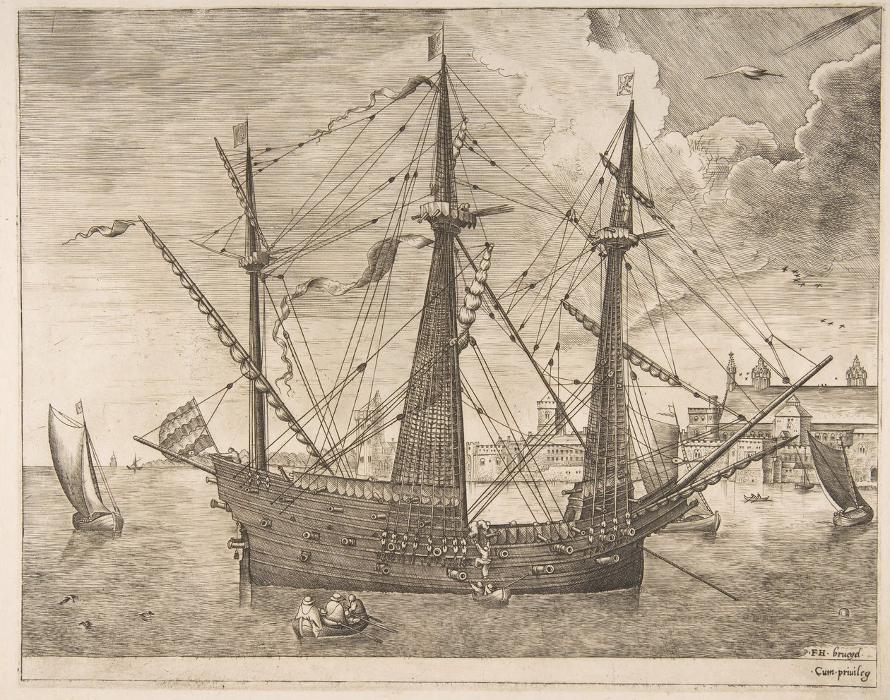 Bevæbnet tre-mester forankret nær en by fra sejlfartøjerne, ca. 1555-56. af Frans Huys