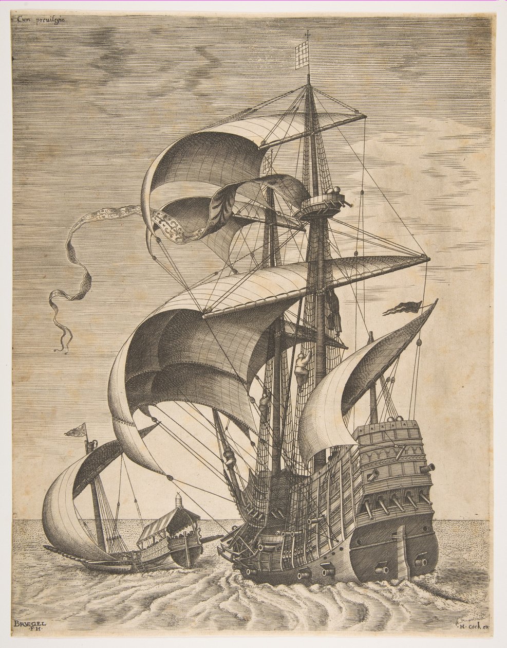 Bevæbnet tremester på åbent hav ledsaget af en kabys, fra serien Sailing Ves..., 1561-65. af Frans Huys