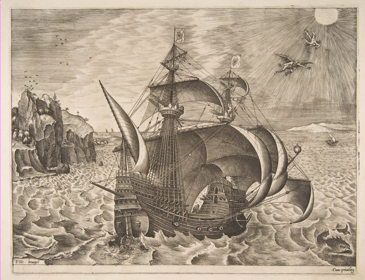 Bevæbnet tremester med Daedalus og Icarus i himlen fra The Sailing Vessels, 1561-65. af Frans Huys