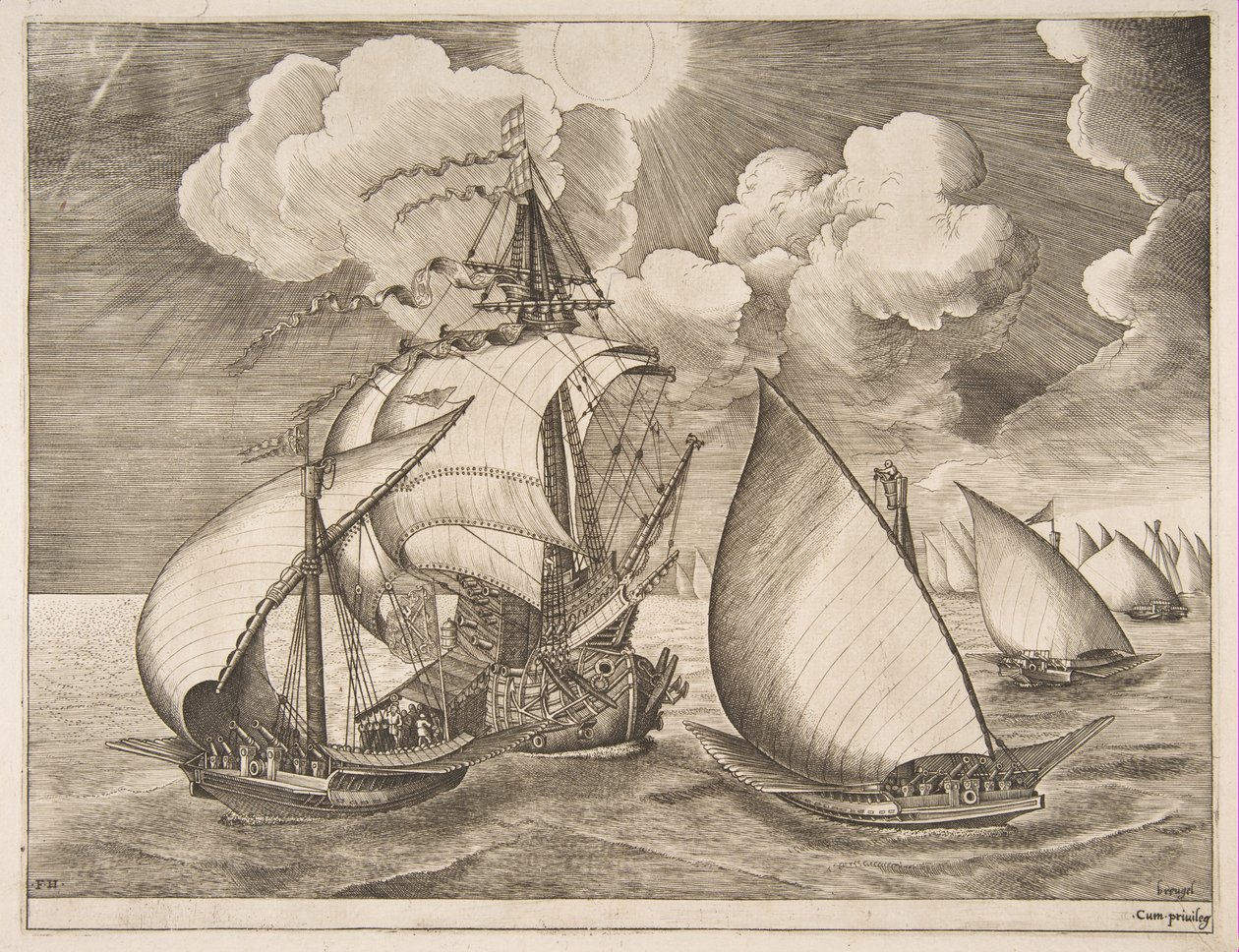 Galejerflåde eskorteret af en karavel fra sejlfartøjerne, 1561-65. af Frans Huys