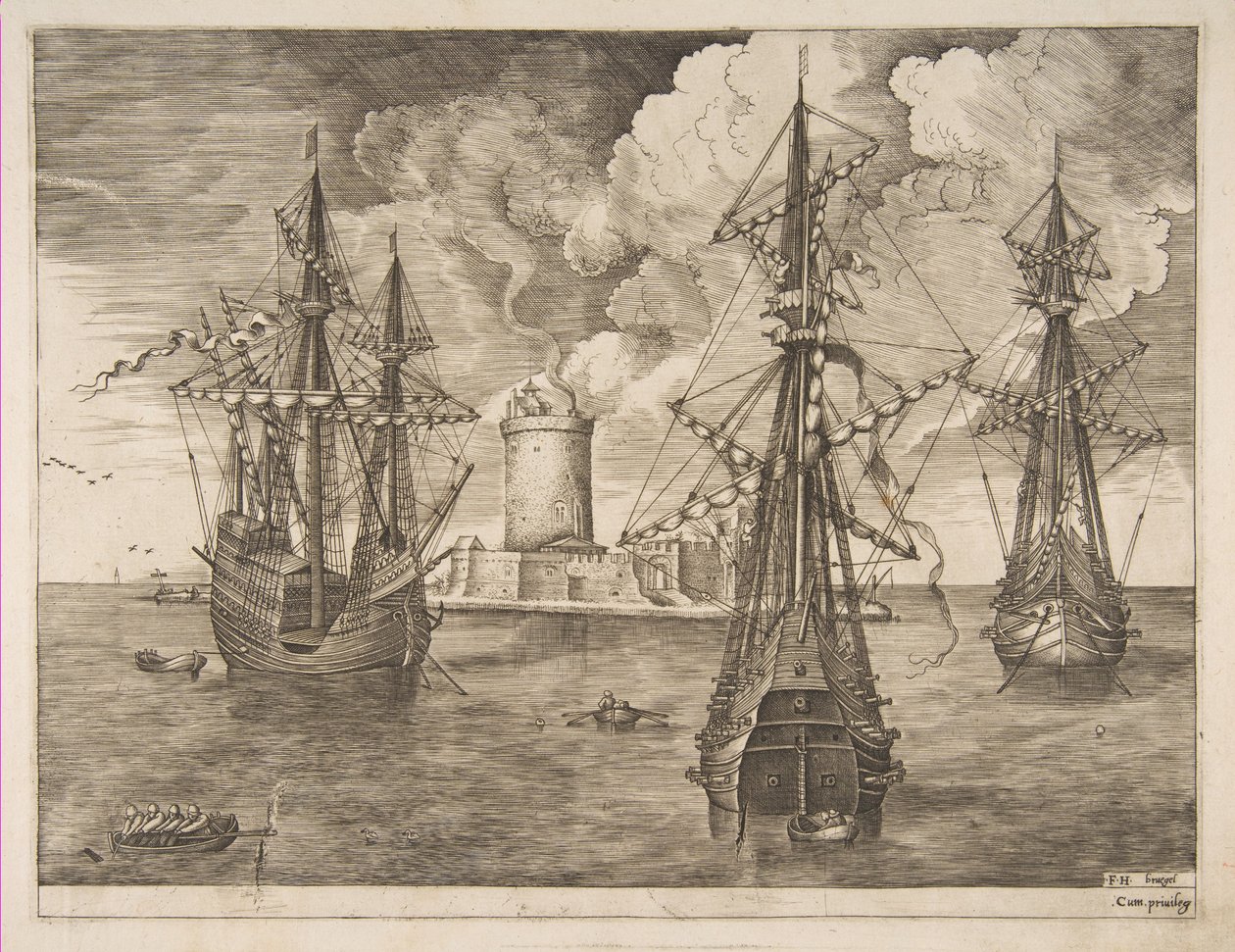 Firemester til venstre og to tremester forankret nær en befæstet ø med et lys..., 1561-65. af Frans Huys