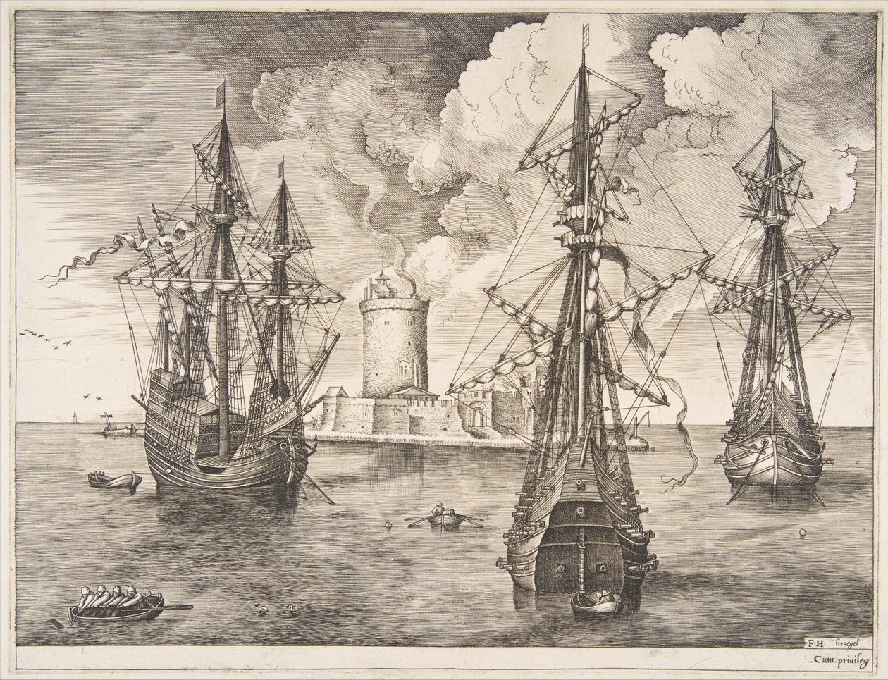 Fire-mester og to tre-master forankret nær en befæstet ø fra The Sailing Ves..., 1561-65. af Frans Huys