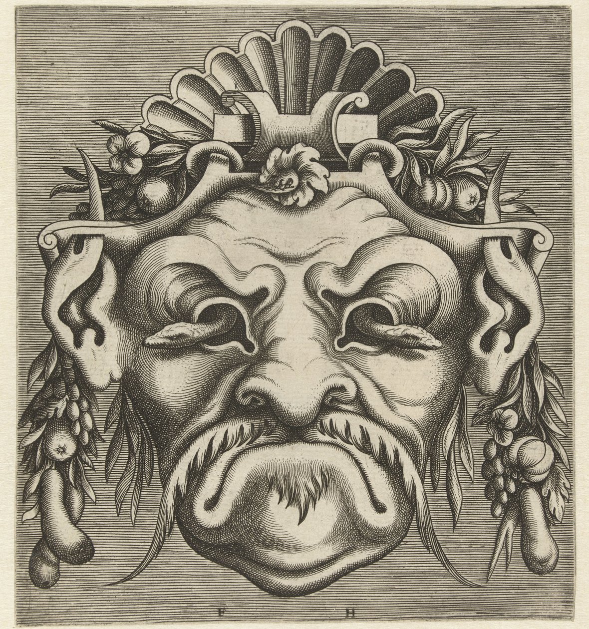 Maske med to slanger, der kigger ud af øjenhulerne Pourtraicture ingenieuse de plusieurs facons de masques... (serietitel) af Frans Huys