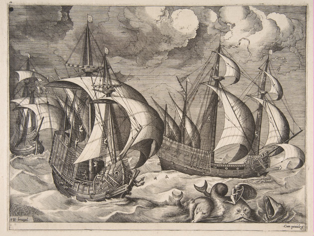 Tre karaveller i en stigende byge med Arion på en delfin fra The Sailing Vessels, 1561-65. af Frans Huys