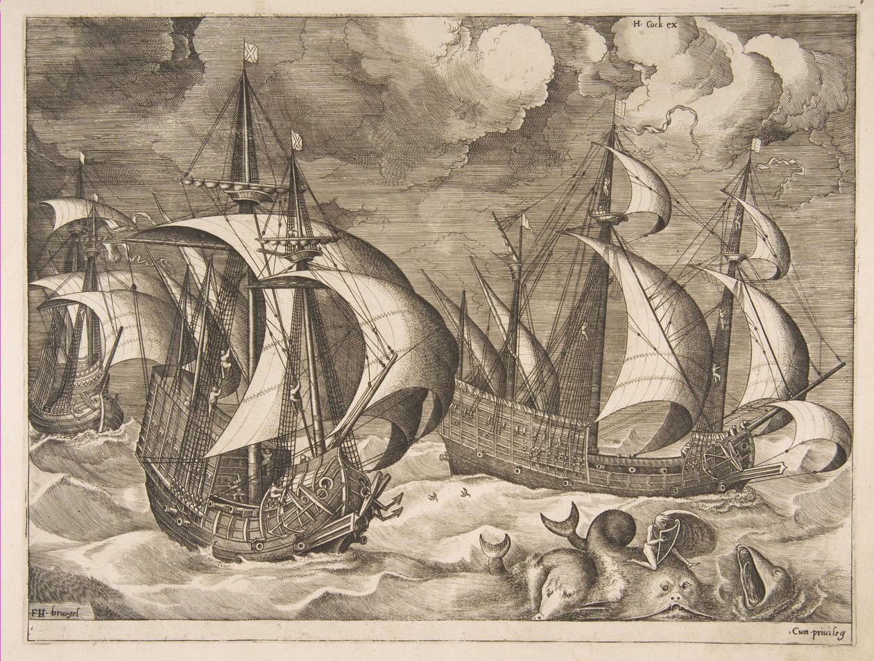 Tre karaveller i en stigende byge med Arion på en delfin fra The Sailing Vessels, 1561-65. af Frans Huys