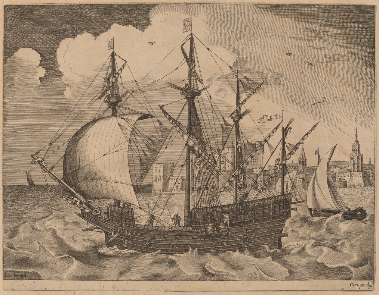 Bevæbnet fire-mester sætter ud på havet af Frans Huys after Pieter Bruegel the Elder