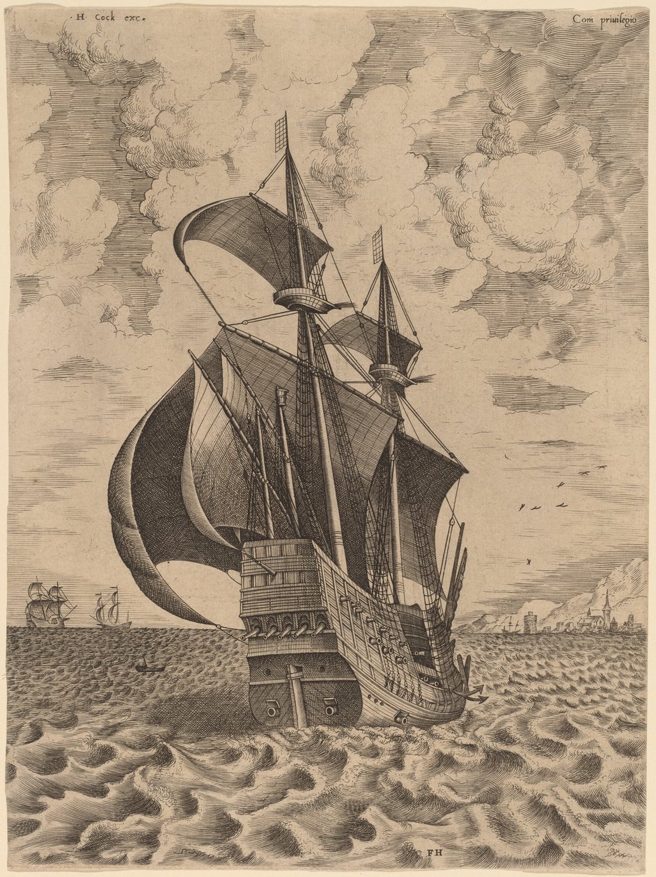 Bevæbnet firemester sejler mod en havn af Frans Huys after Pieter Bruegel the Elder