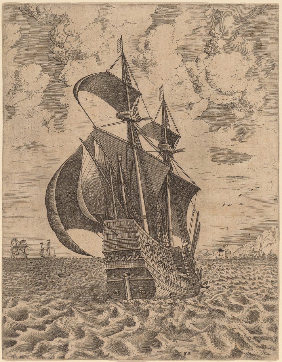Bevæbnet firemester sejler mod en havn af Frans Huys after Pieter Bruegel the Elder