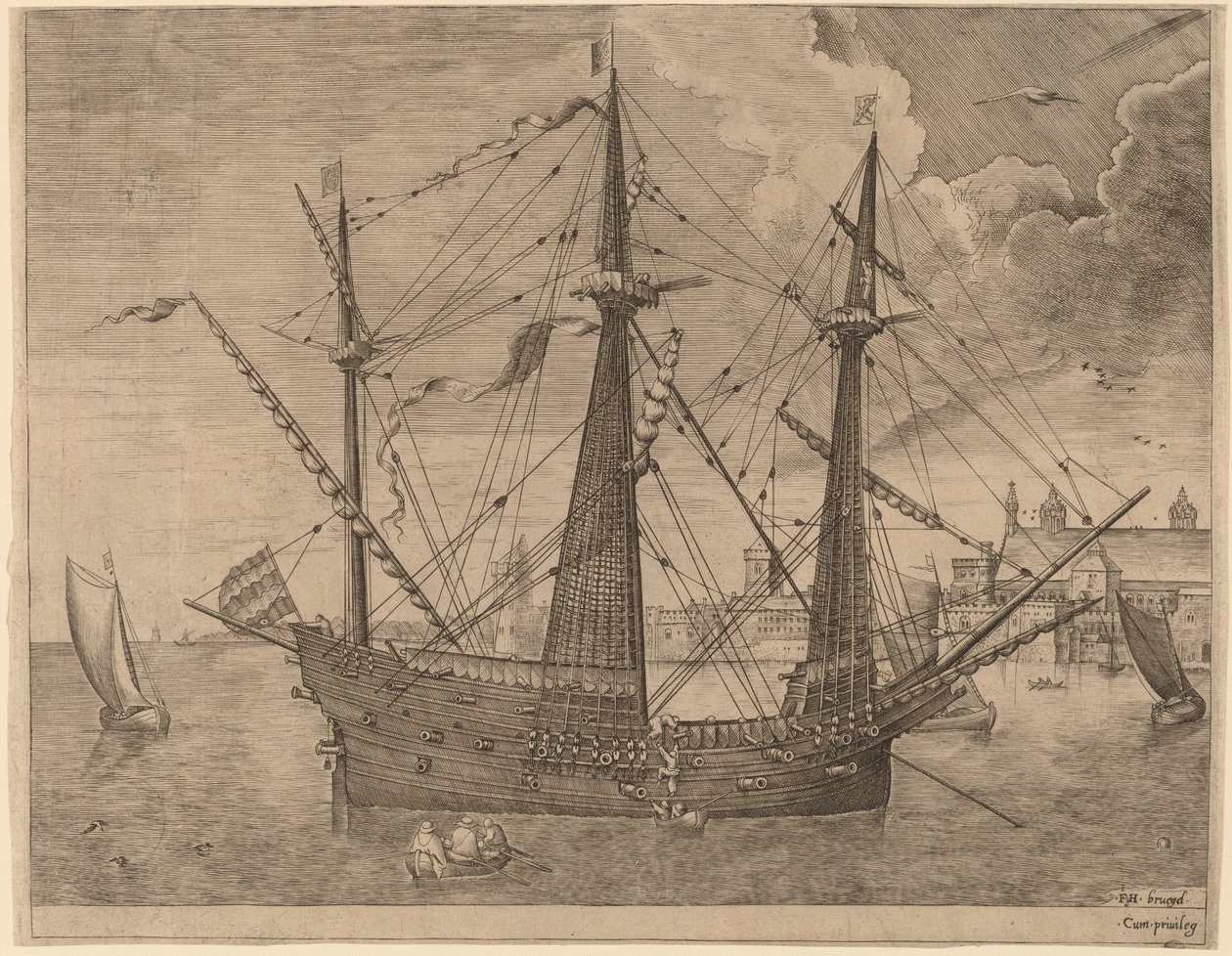 Bevæbnet tremester forankret nær en by af Frans Huys after Pieter Bruegel the Elder