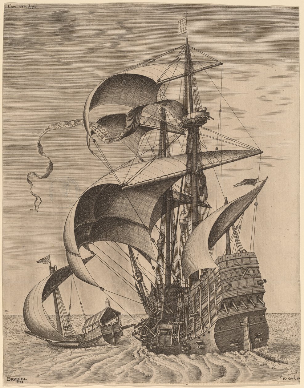 Bevæbnet tremester på åbent hav, ledsaget af en kabys af Frans Huys after Pieter Bruegel the Elder