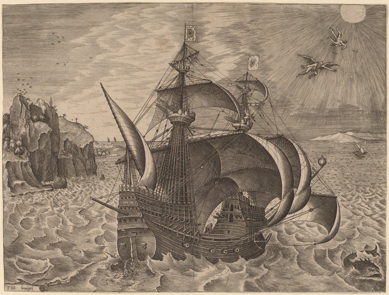 Bevæbnet tremester med Daedalus og Icarus i himlen af Frans Huys after Pieter Bruegel the Elder