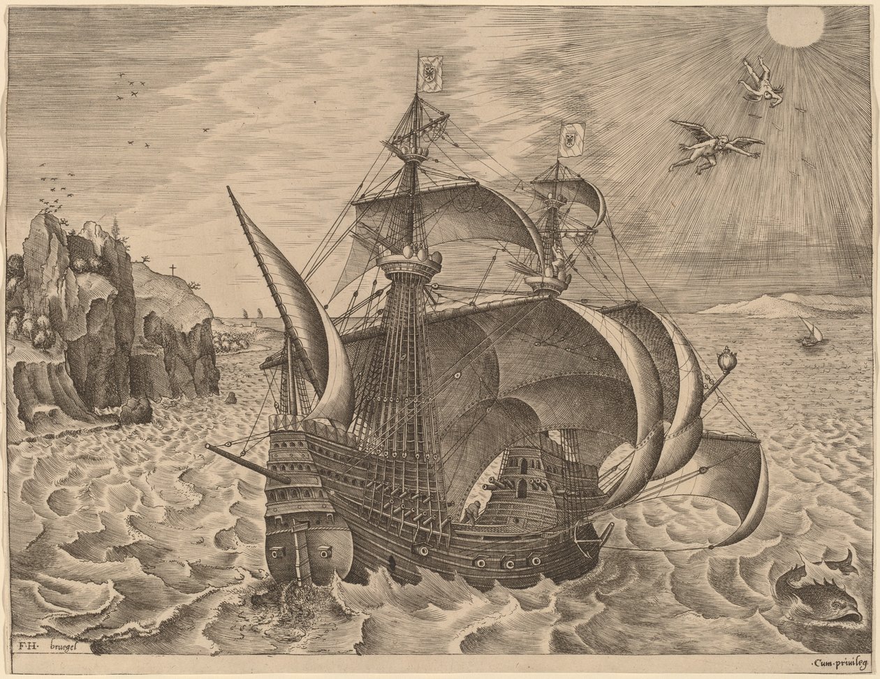 Bevæbnet tremester med Daedalus og Icarus i himlen af Frans Huys after Pieter Bruegel the Elder