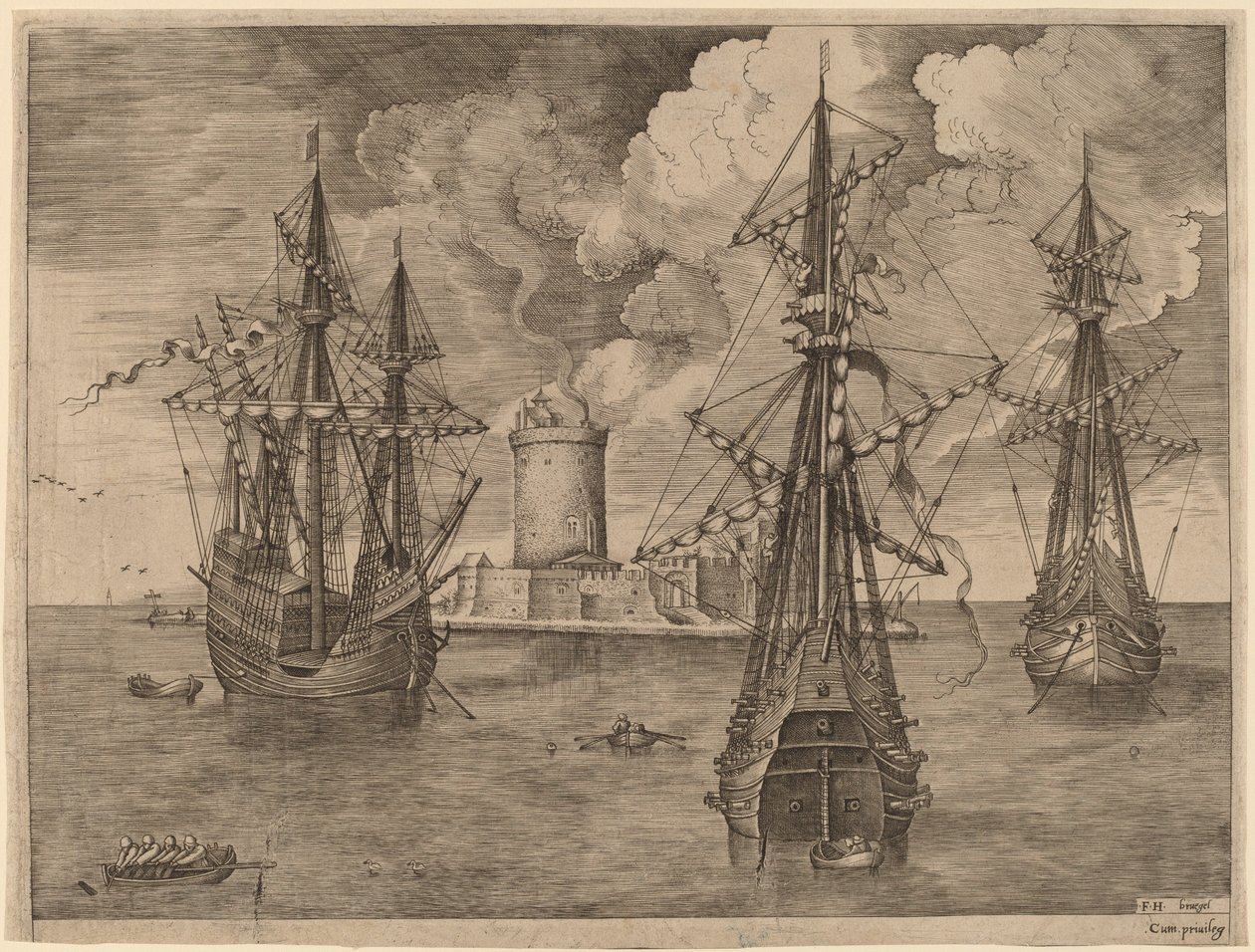 Firemester (venstre) og to tremester forankret nær en befæstet ø med et fyrtårn af Frans Huys after Pieter Bruegel the Elder