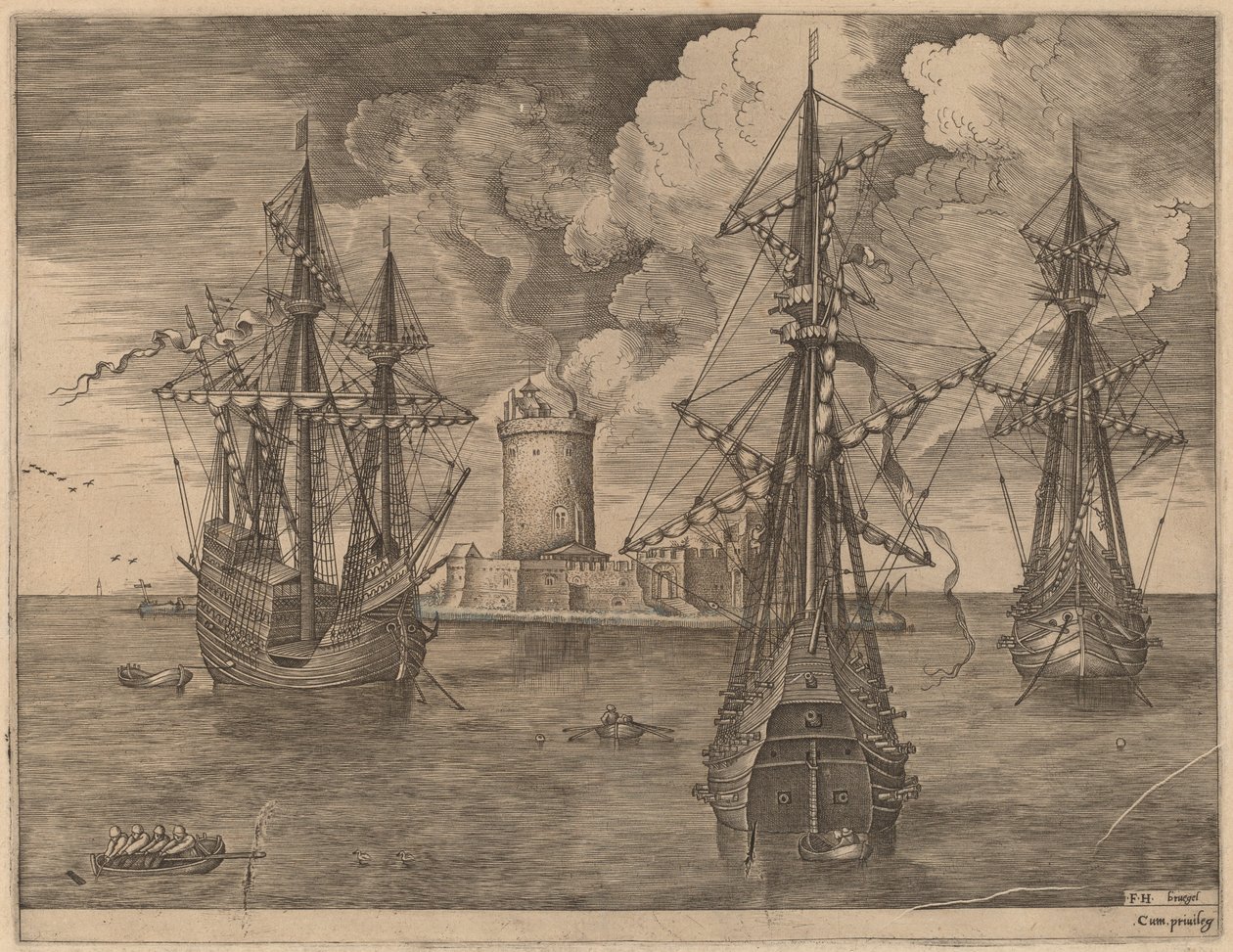 Fire-mester (venstre) og to tre-mester forankret nær en befæstet ø med et fyrtårn af Frans Huys after Pieter Bruegel the Elder