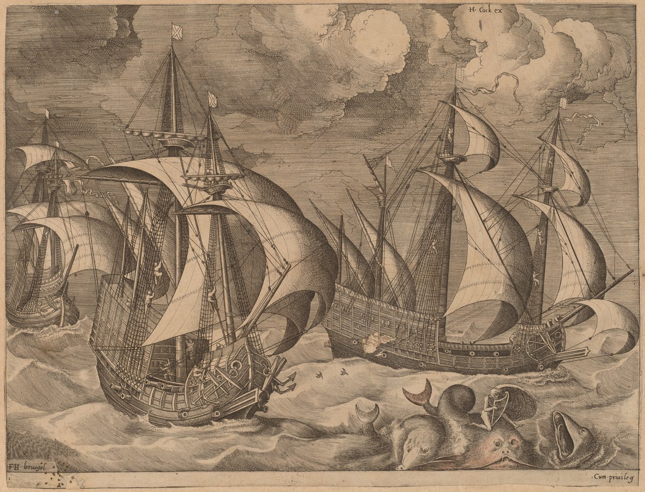 Tre karaveller i et stigende stormvejr med Adrion på en delfin af Frans Huys after Pieter Bruegel the Elder
