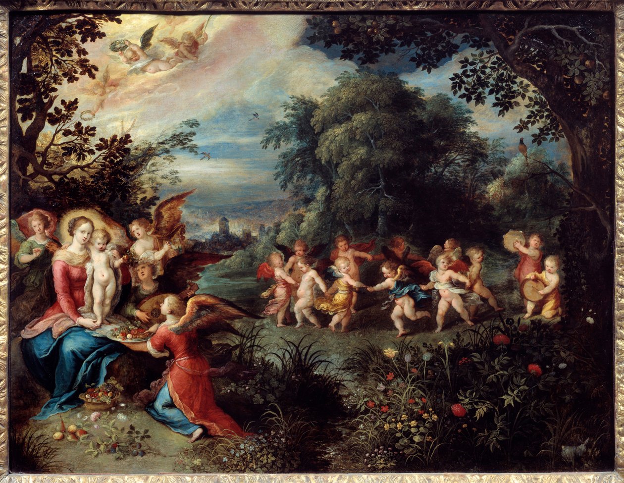 Madonna har barnet i et landskab omgivet af musikere og dansende engle. Maleri af Frans Le Jeune Franken (1581-1642) Ec. Flam. af Frans II Francken