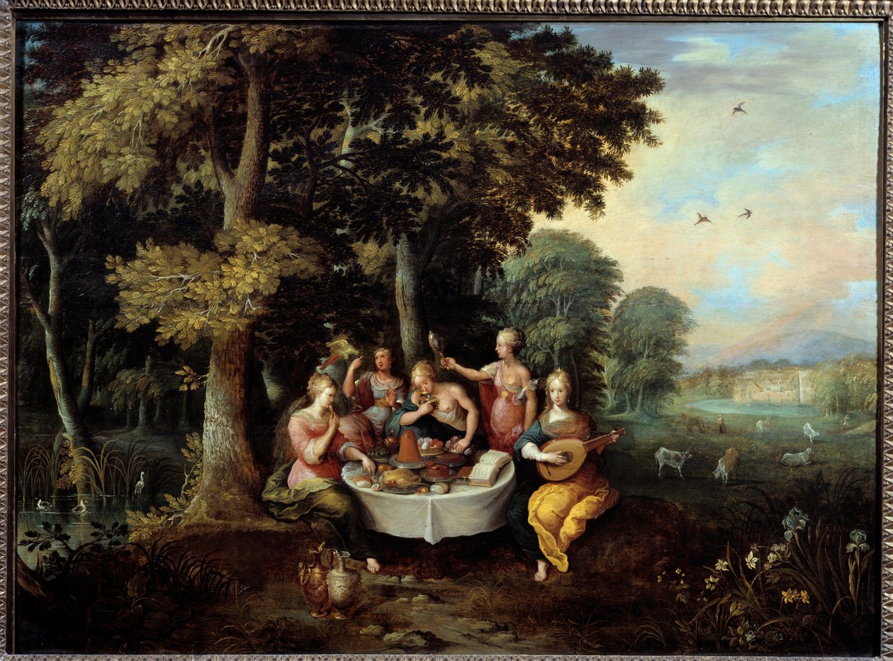 De fem sanser unge kvinder i et landskab med banket (smag), musik (hør), spejl (udsigt), buket blomster (lugt) og kærtegn (berøring). Maleri af Franz (Frans) Francken II le Jeune (1581-1642) (ec.flam.) 1600-tallet søn. 0,65x0,9 m Toulouse, museum af Frans II Francken