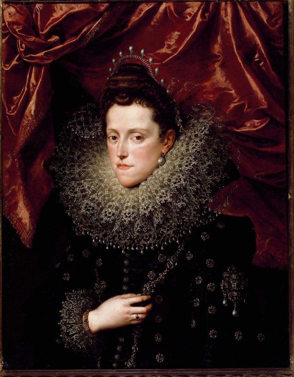 Portræt af Eleonore de Medicis (Eleonora de Medici) (1566-1611) Prinsesse af Toscana Hun har en jordbærkrave. Maleri af Frans Pourbus Le Jeune (Francois (Franz) Porbus af Frans II Pourbus