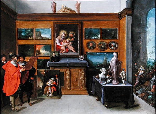 Et interiør med en samling af malerier (olie på panel) af Frans II the Younger Francken