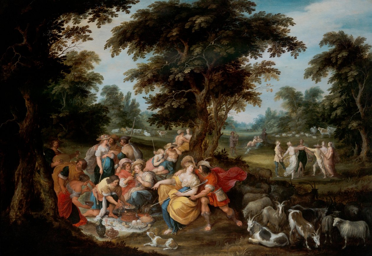 Arcadia: Et pastoralt landskab med hyrder og hyrdinde picknick af Frans II the Younger Francken