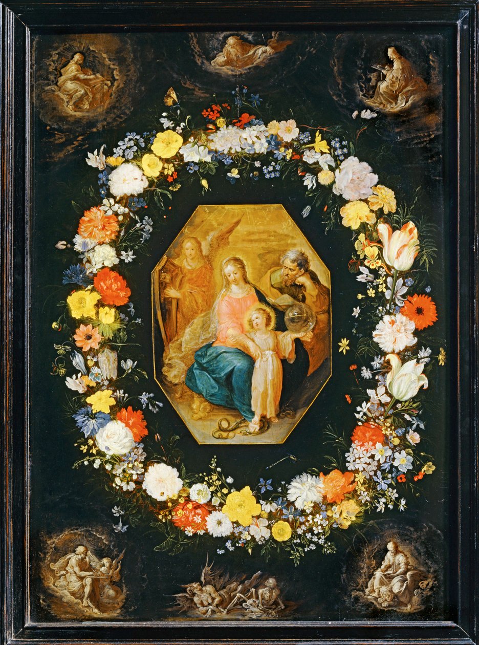 Den hellige familie omgivet af en blomsterkrans ... af Frans II the Younger Francken