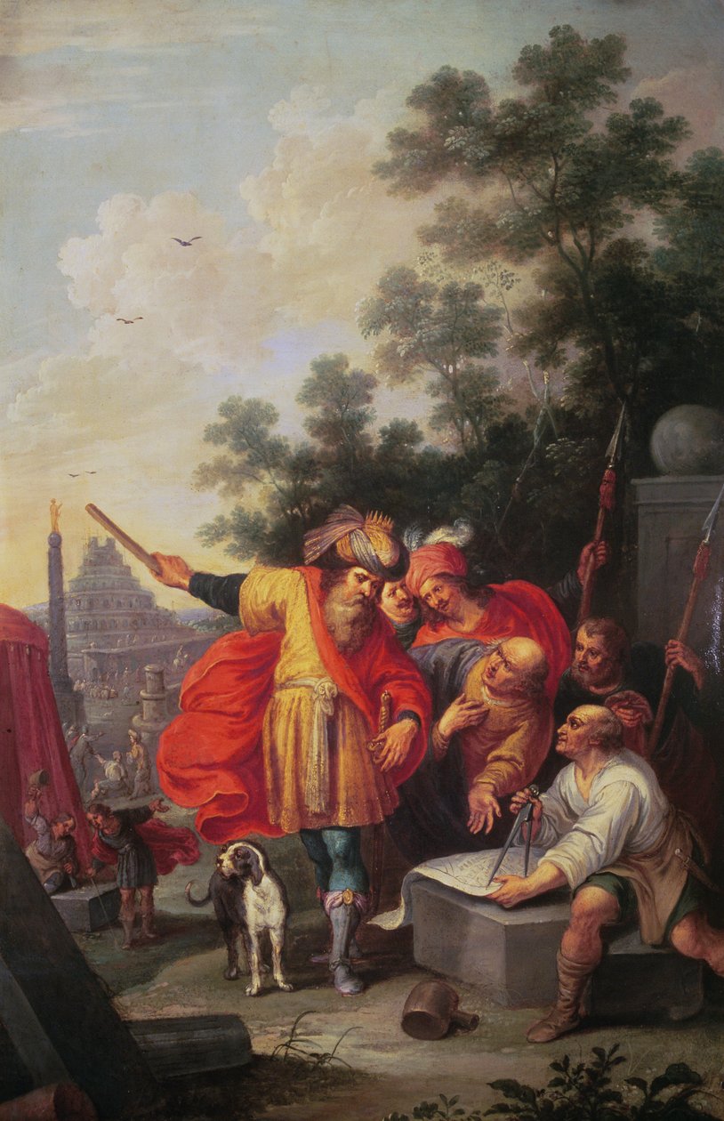 Konstruktionen af Babelstårnet, eller Nimrod taler med arkitekter (olie på lærred) af Frans II the Younger Francken