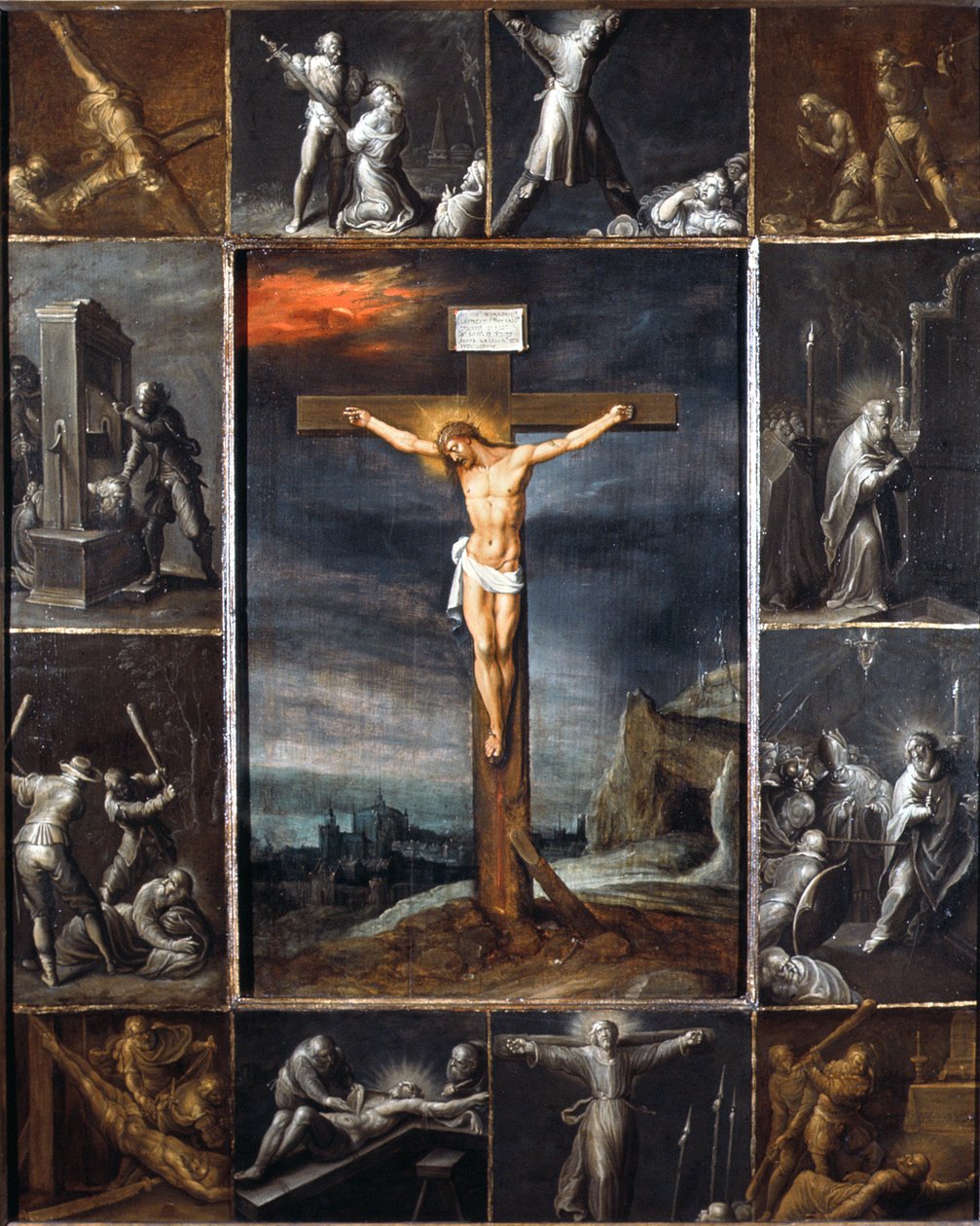 Den korsfæstede Kristus indrammet med scener af apostlenes martyrium af Frans II the Younger Francken