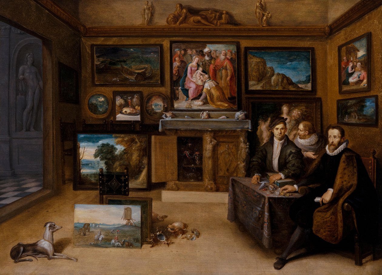 Det indre af et samlerskab med Justus Lipsius og to Conslefhebbers af Frans II the Younger Francken