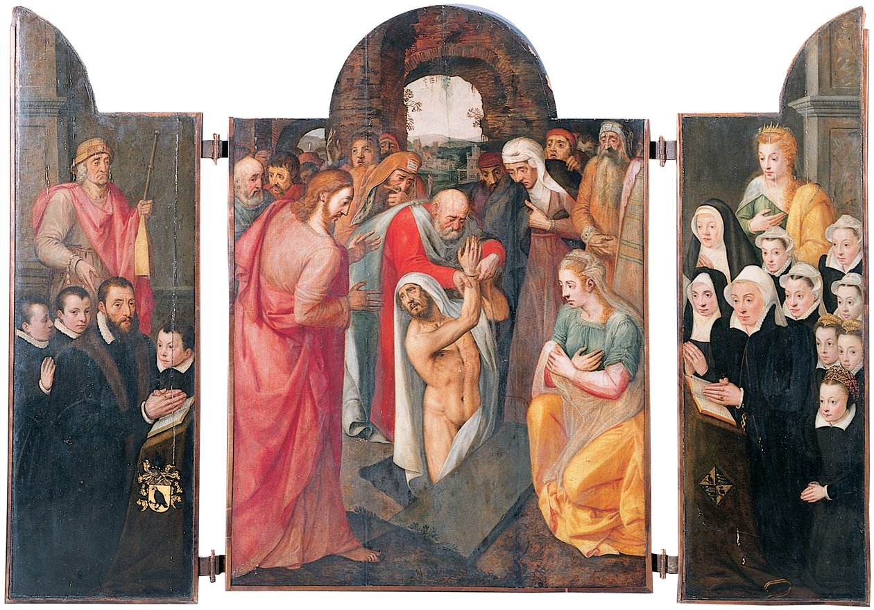 Triptykon: Rejsningen af Lazarus i det centrale rum med en knælende mandlig donor, præsenteret af St. Jacob og hans sønner på venstre fløj, hans kone knælende, præsenteret af St. Catharine og hendes døtre på højre fløj af Frans I Pourbus
