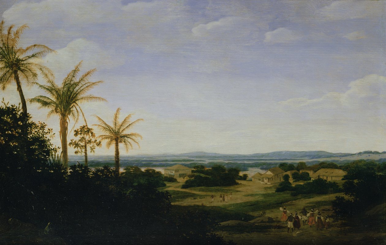 Brasiliansk landskab med den portugisiske residens, kirken og Casa Granda, floden Varzea hinsides af Frans Post