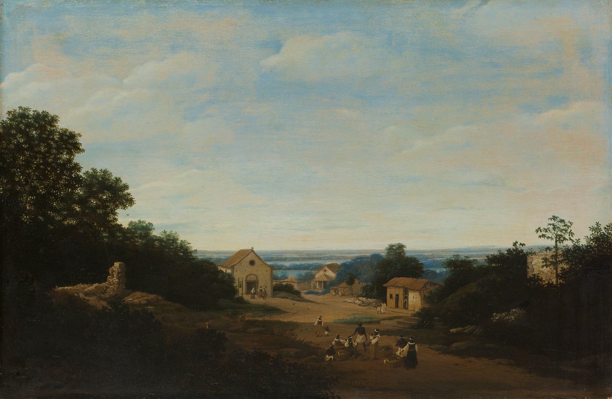 Brasiliansk landskab med landsbyen Igaraçú. Til venstre kirken Sts Cosmas og Damian af Frans Post