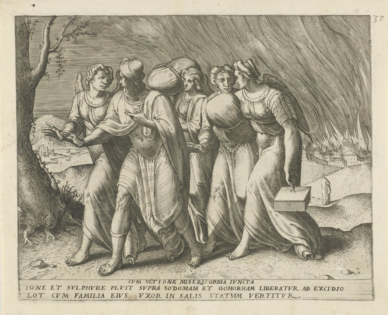 Lot forlader Sodoma Med hævn forenet med barmhjertighed (titel på objekt) Geschiedenis van Lot (serietitel) af Frans Menton