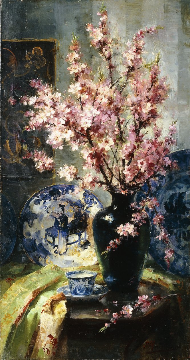Æbleblomster og blåt og hvidt porcelæn på et bord af Frans Mortelmans