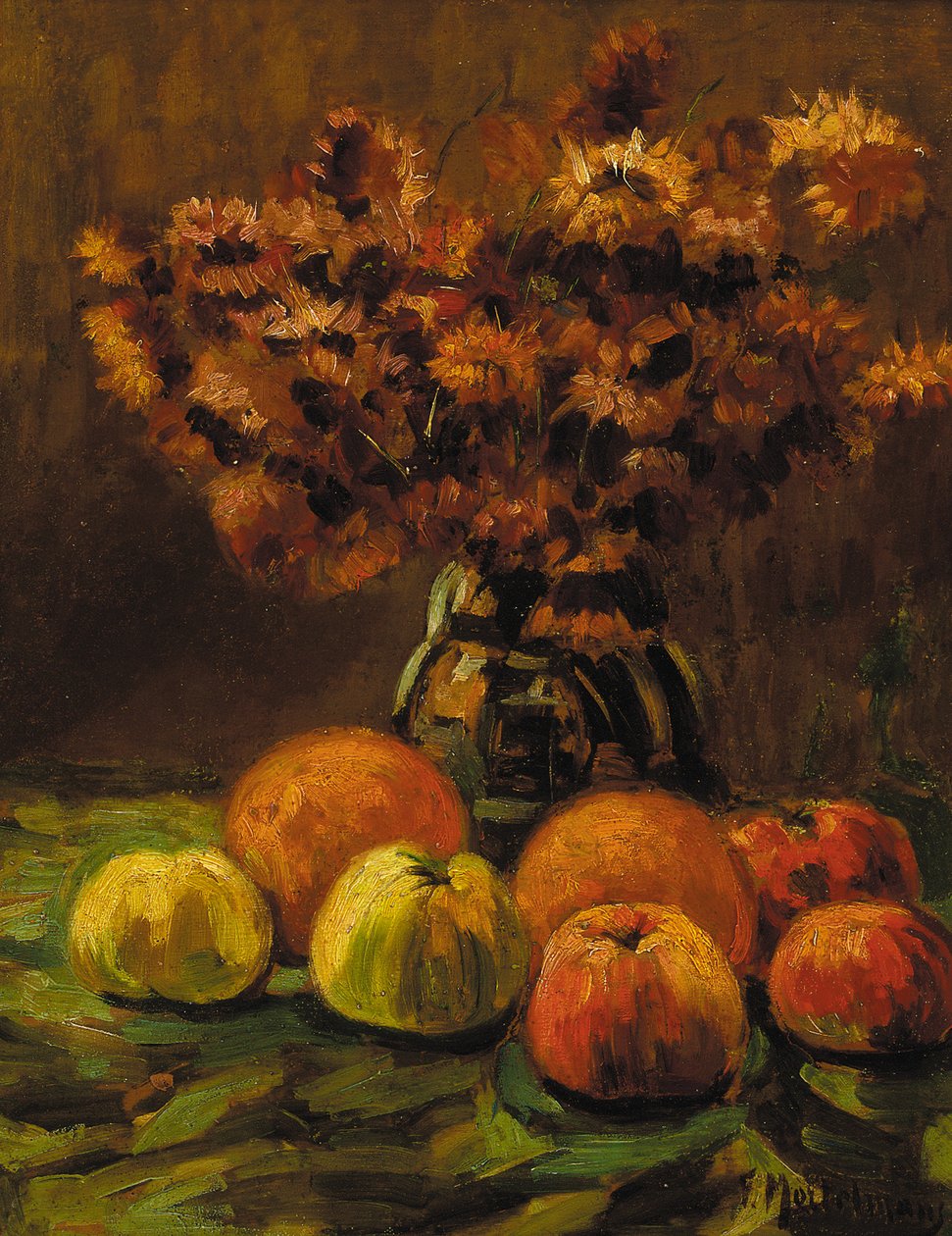 Æbler, appelsiner og en vase med blomster på et bord (olie på panel) af Frans Mortelmans