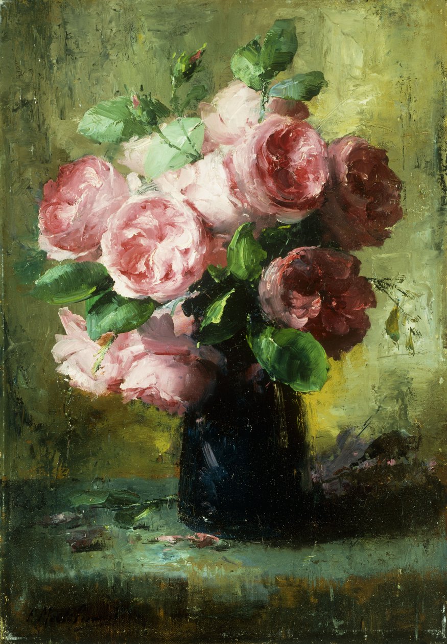 Lyserøde roser i en vase af Frans Mortelmans
