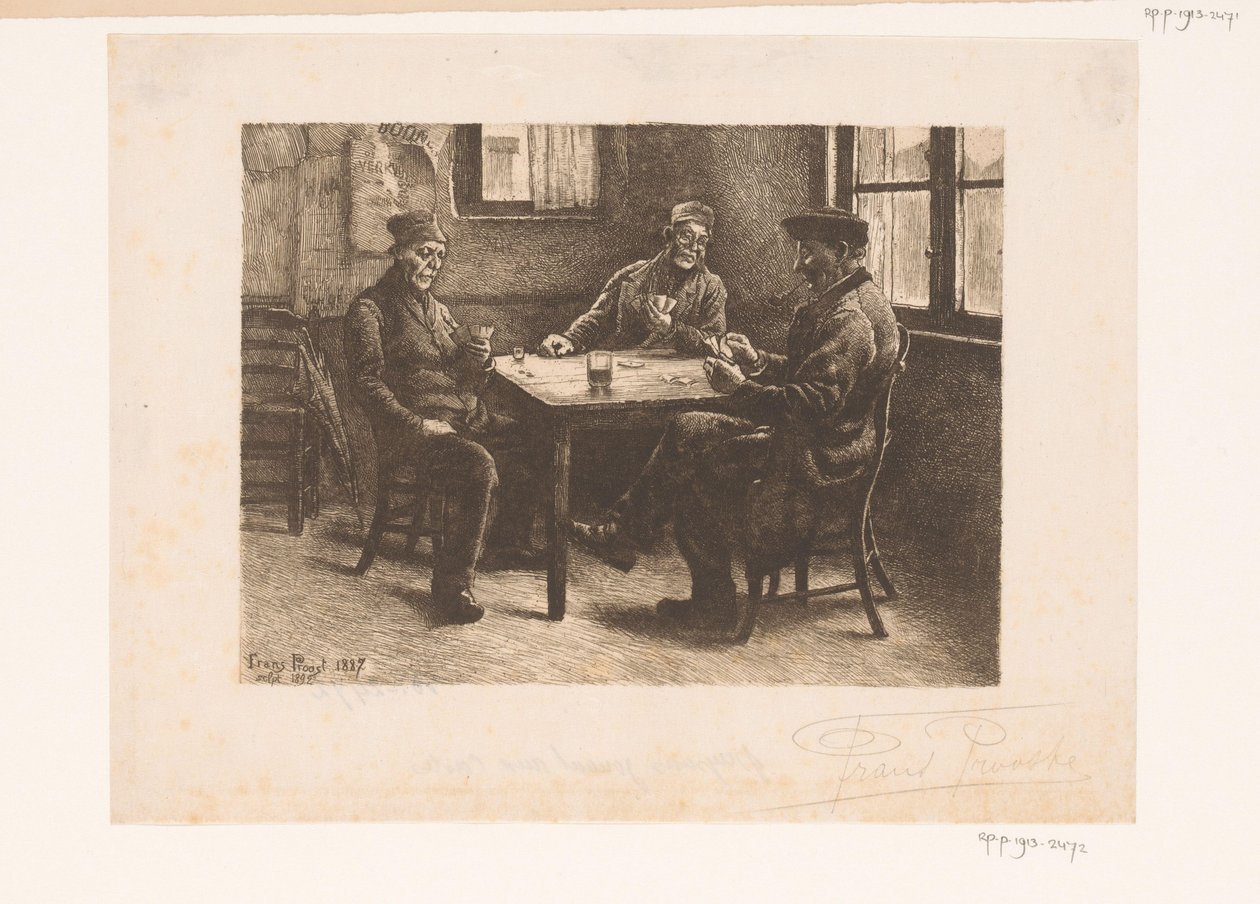 Tre mænd spiller kort på en cafe af Frans Proost (signed by artist)