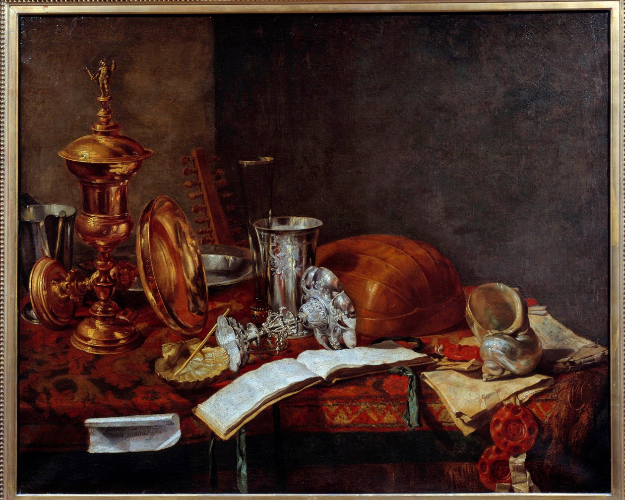 Stilleben med kunstgenstande (kobberbæger, sølvtøj, lut) Maleri af Franz (Frans) Ryckhals (1600-1647) 1600-tallet Dunkerque, Musee des Beaux Arts af Frans Ryckhals