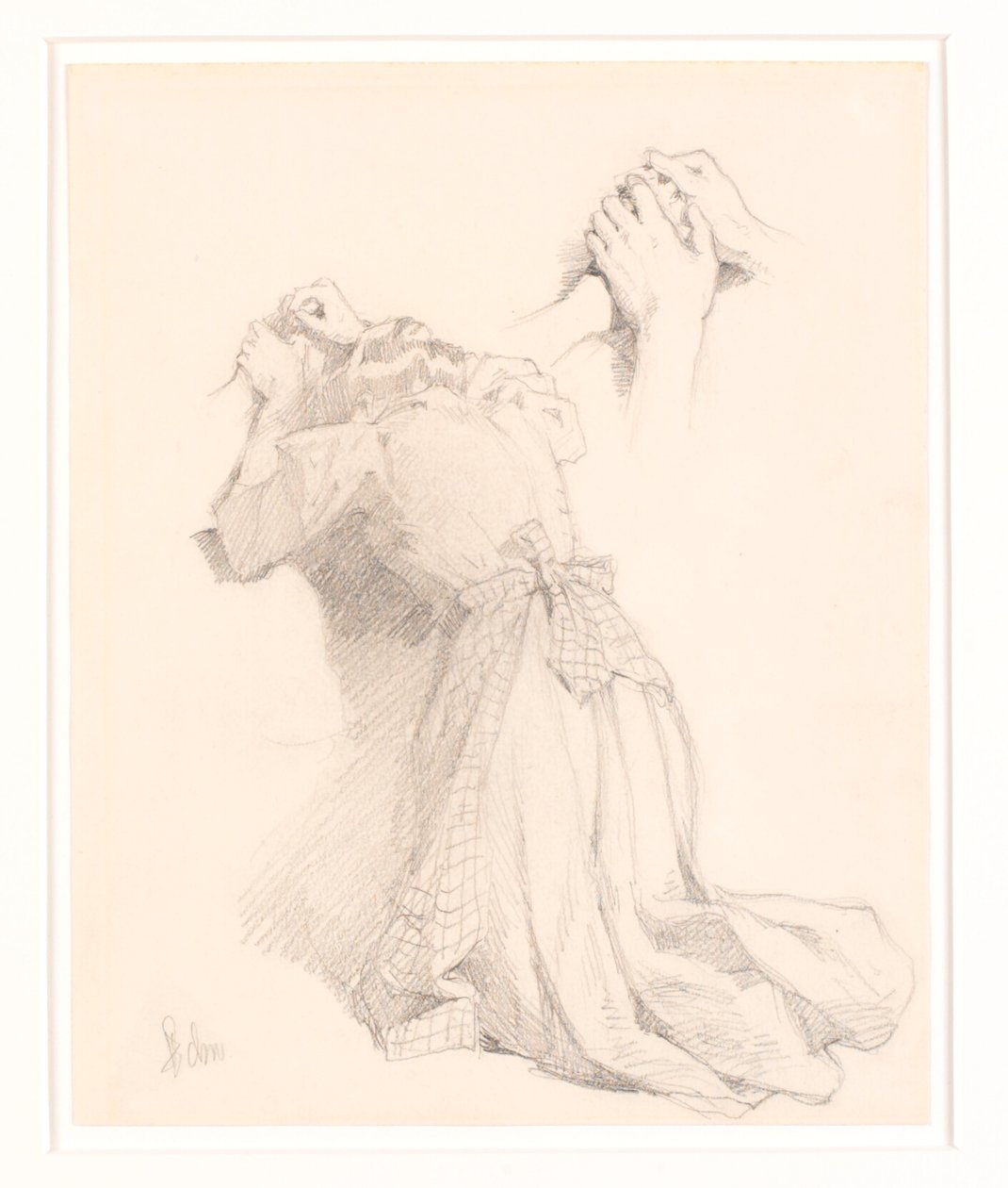 Et blad med fem blyantskitser. Kvindefigurer. Studie af hænder. af Frans Schwartz