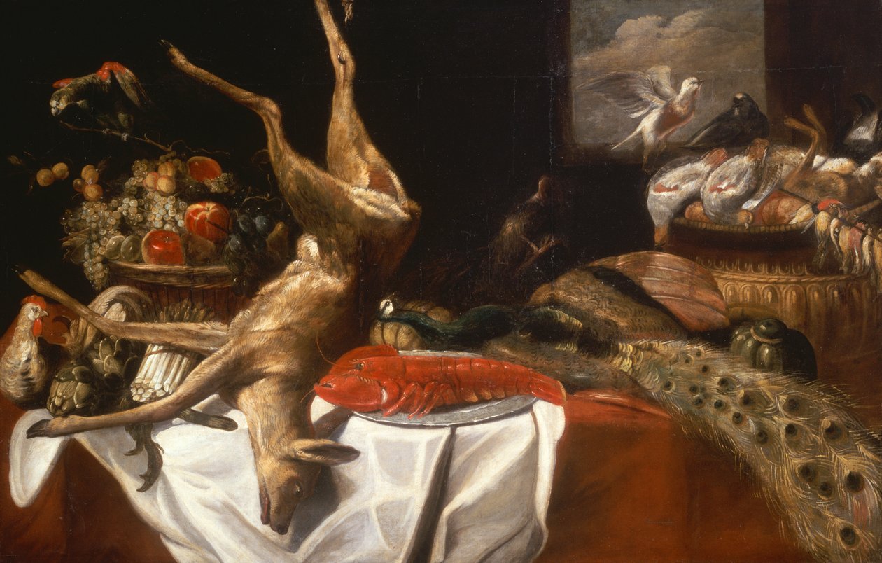 En død hjort og fugle, en hummer på et fad, en kurv med frugt og grøntsager (olie) af Frans Snyders