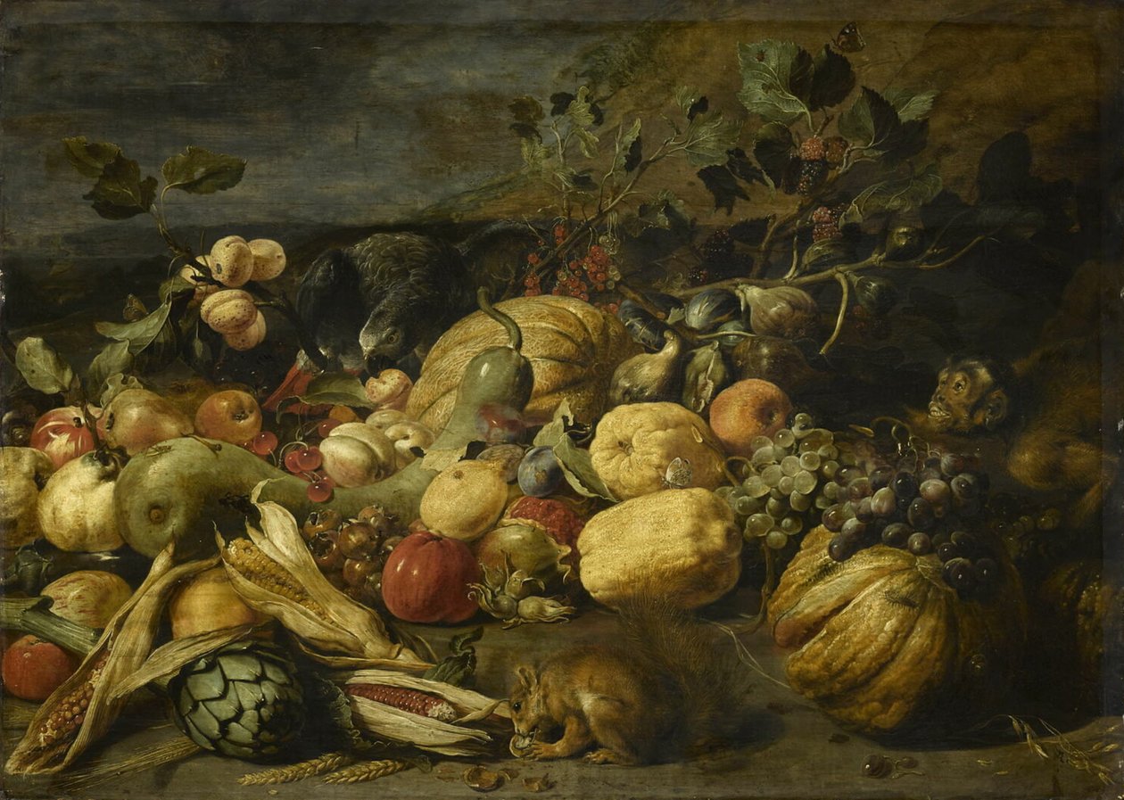 Frugt og grønt med en abe, en papegøje og et egern af Frans Snyders