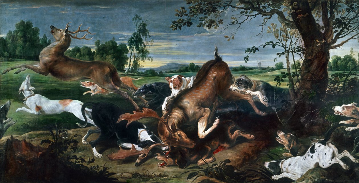 Metsästyshirvi, Frans Snyders (1579-1657), öljy kankaalle, 220x420 cm. af Frans Snyders