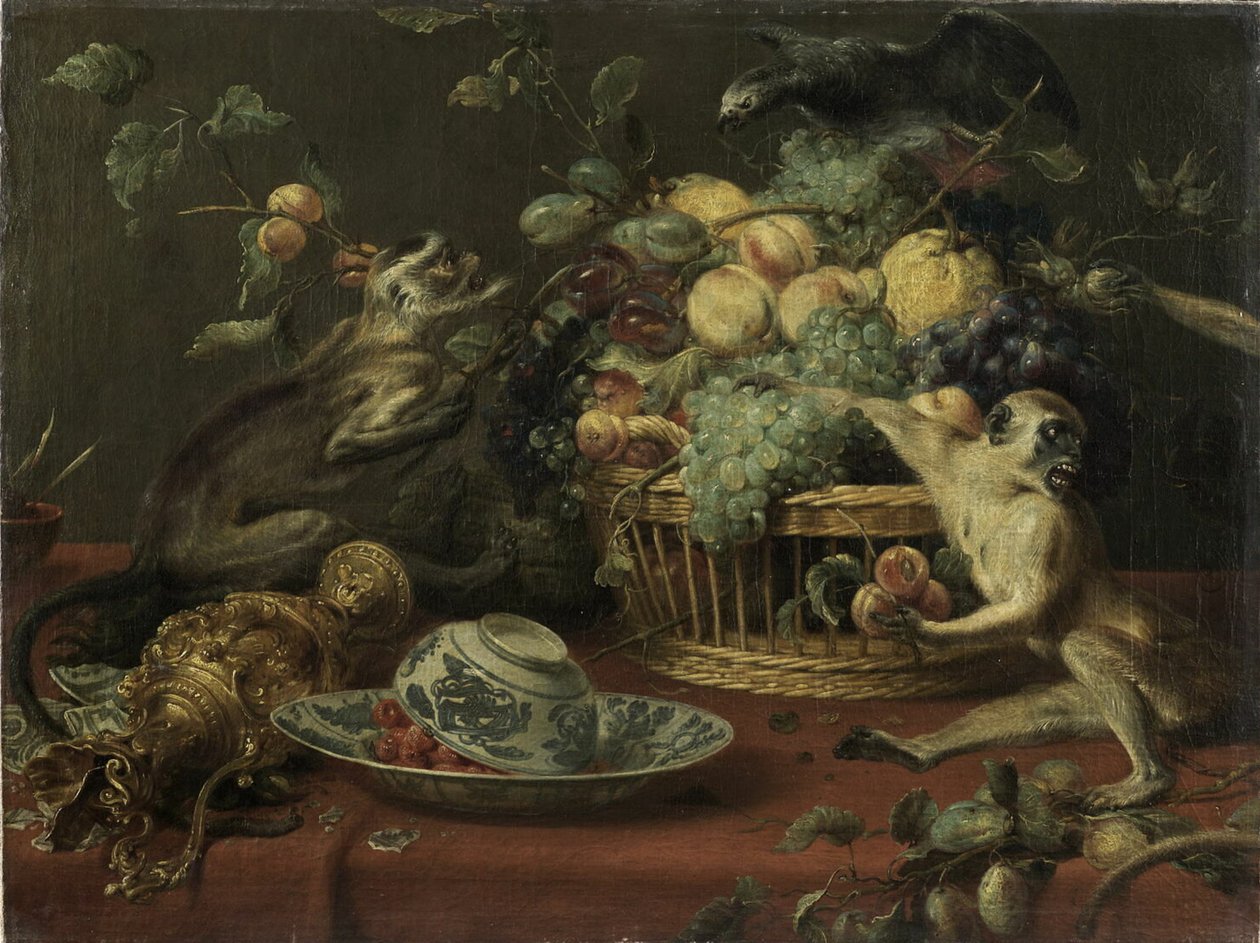 Aber og papegøje i nærheden af en frugtkurv af Frans Snyders