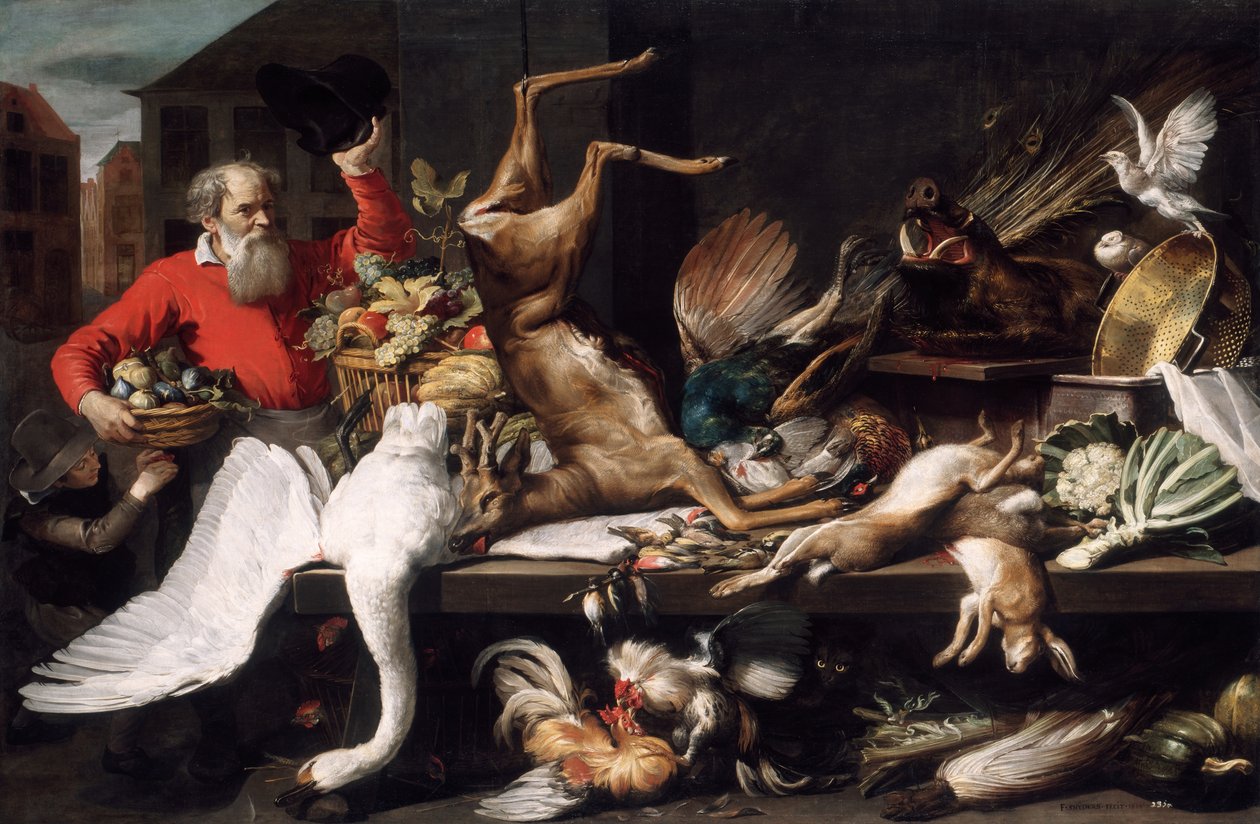 Stilleben med dødt vildt, frugter og grøntsager på et marked af Frans Snyders