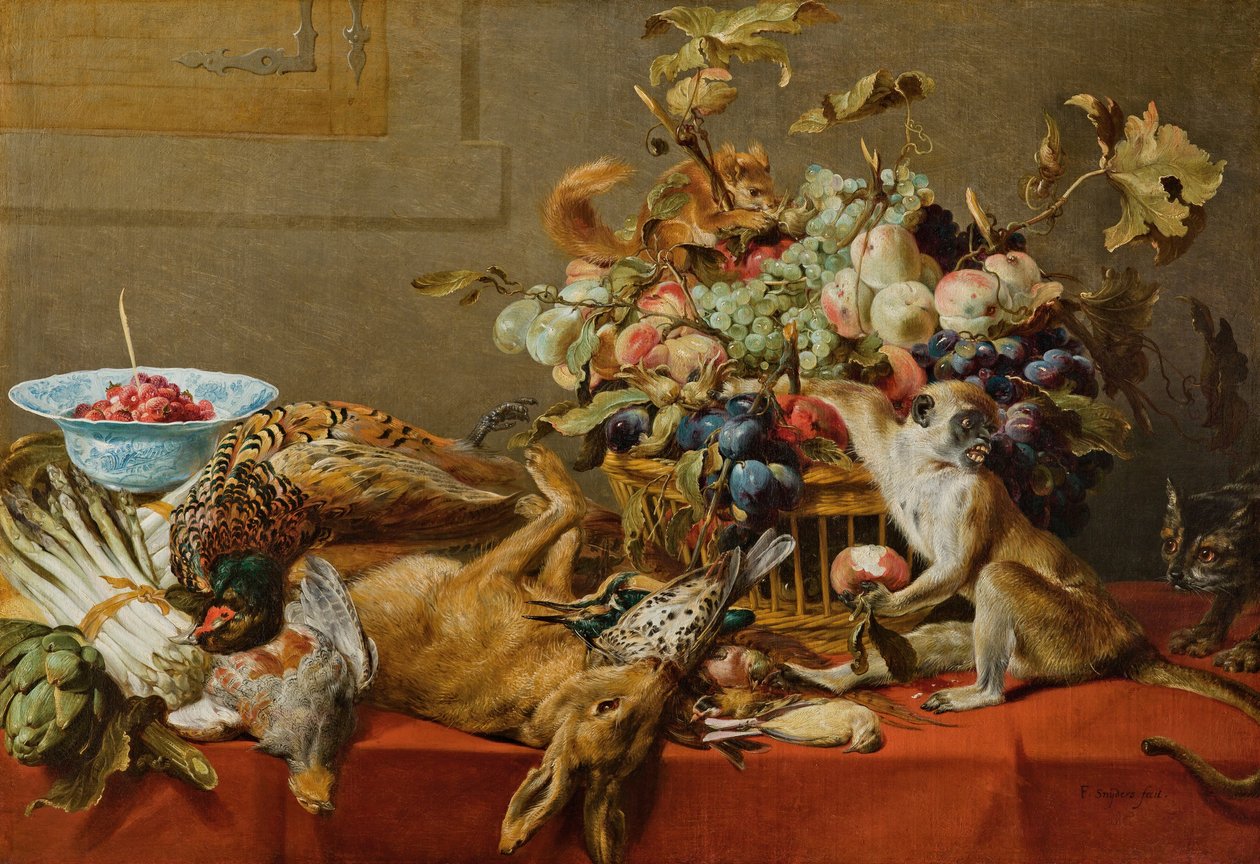 Stilleben med frugt, dødt vildt, grøntsager, en levende abe, egern og kat af Frans Snyders