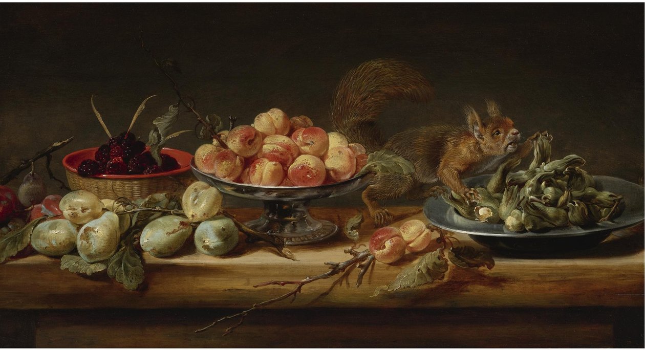 Stilleben med ferskner i en Tazza, hasselnødder på en tintallerken, hindbær i en kurv, med pærer og et egern på et bord
olie på panel af Frans Snyders