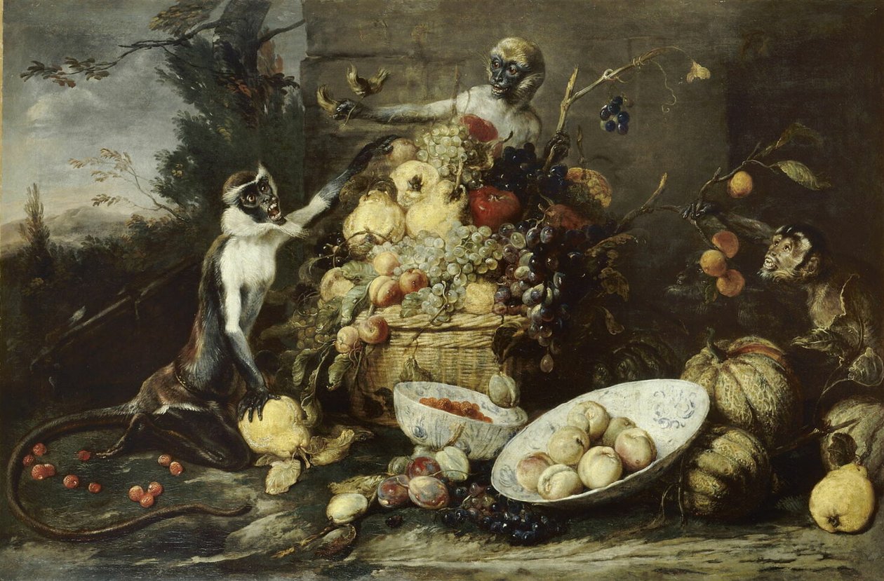 Tre aber, der stjæler frugt, med udsigt til et landskab af Frans Snyders