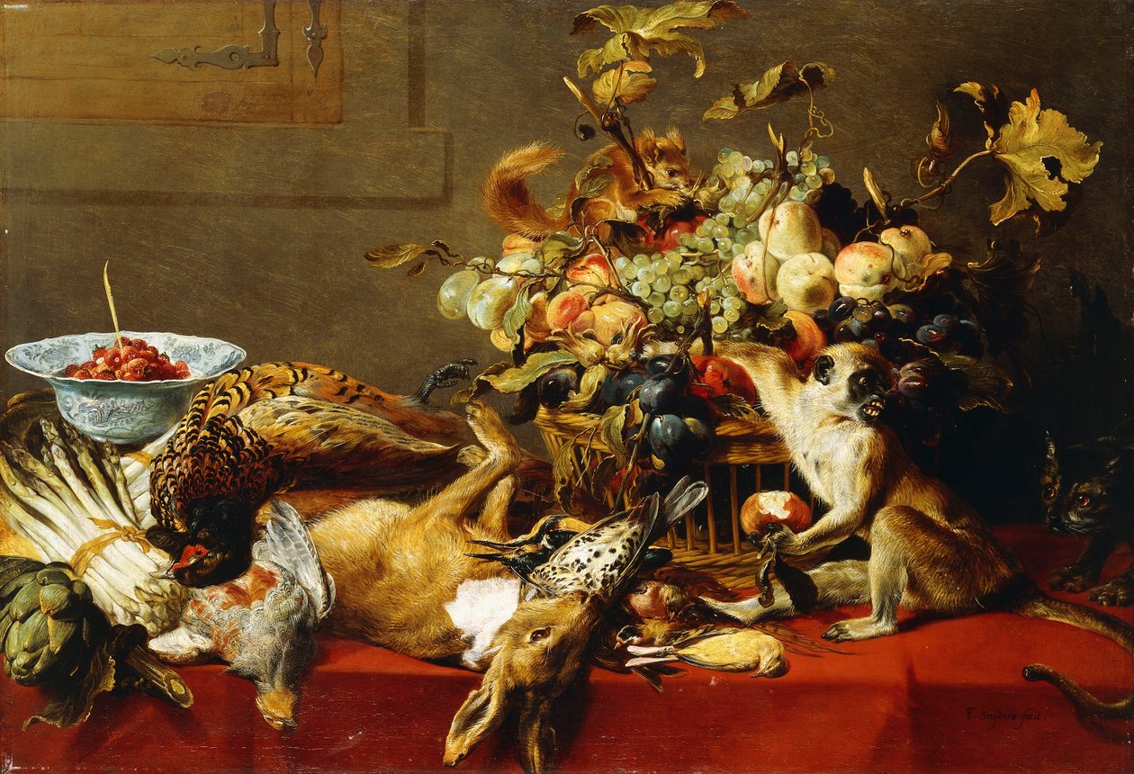 En kurv med frugt på et draperet bord med dødt vildt og en abe, af Frans Snyders or Snijders