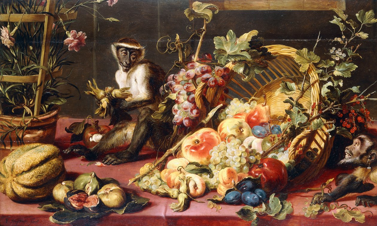 En spildt kurv med frugter på et draperet bord med aber, af Frans Snyders or Snijders