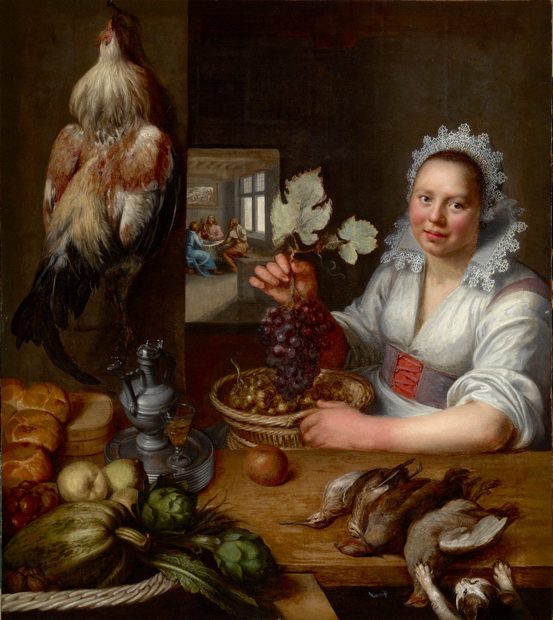 Scene de cuisine avec scene du Christ a Emmaus - Køkkenscene med Kristus i Emmaus, af Snyders (Snijders), Frans (1579-1657). Olie på lærred, mellem 1615 og 1620. Mål: 114,5x102 cm. Muzeul National Brukenthal, Sibiu af Frans Snyders or Snijders